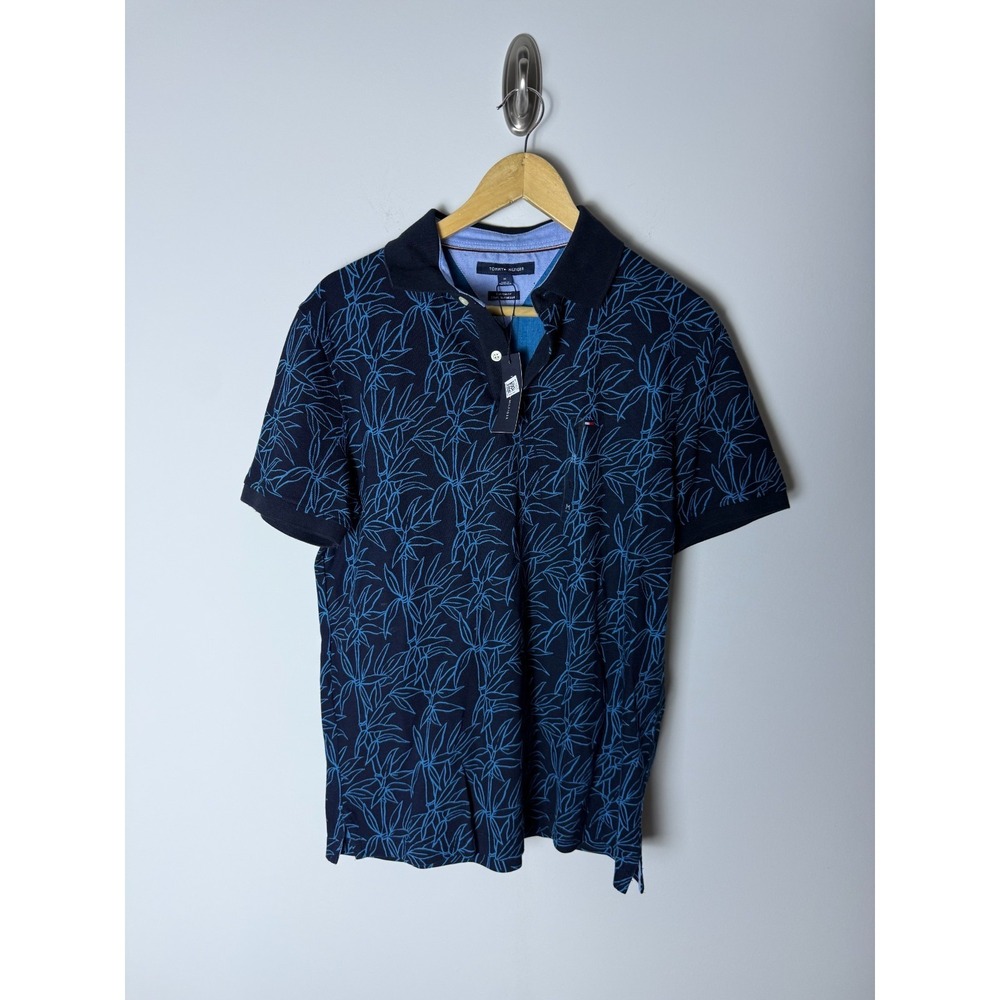 Tommy Hilfiger Polo Shirt Mens M Blue Tropical Print‎ Custom Fit NWT